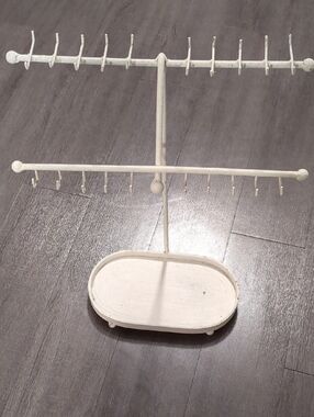 White Iron Jewelry Stand with Tray - Vintage Painted Shabby Chic 21"